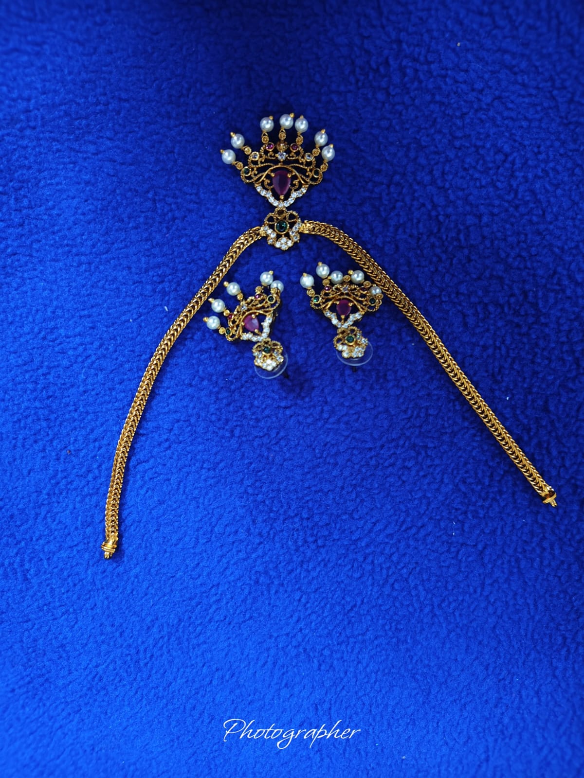 Crown Mukut Pendant Necklace Set - Ruby Stone with Pearl Crown