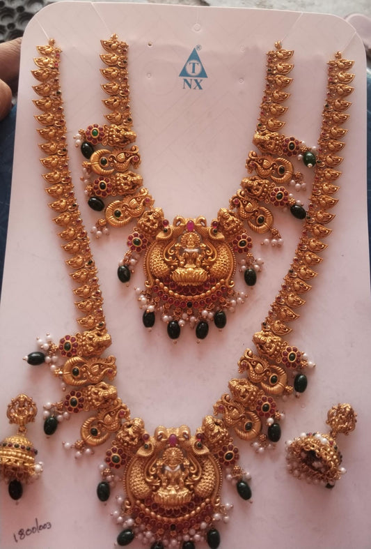 Heavy Bridal Temple Combo - Long Haram + Short Necklace + Jhumka - Mango Lakshmi with Green Beads - TNX Brand