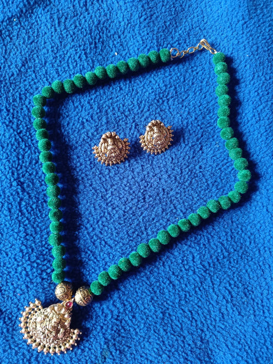 Green Traditional Beaded Necklace Set with Designer Pendant & Earrings