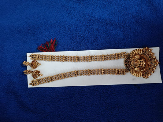 Long Temple Haram Set - Big Lakshmi Pendant with 3-Line Chain
