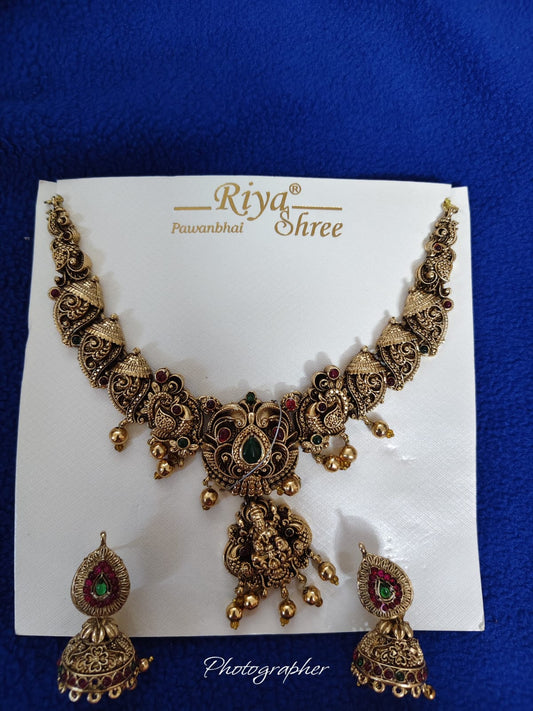 Premium Antique Peacock Temple Necklace Set for Women
