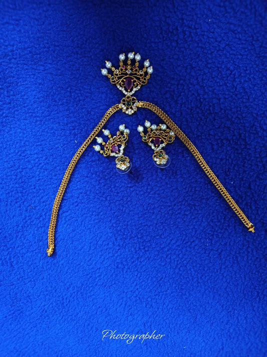 Crown Mukut Pendant Necklace Set - Ruby Stone with Pearl Crown
