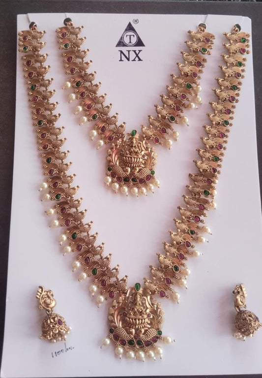 Bridal Temple Combo Set - Long Haram + Short Necklace + Jhumka Earrings - Lakshmi Peacock Design
