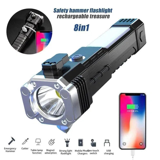 Multifunctional safety hammer flashlight with charging cable on a white background